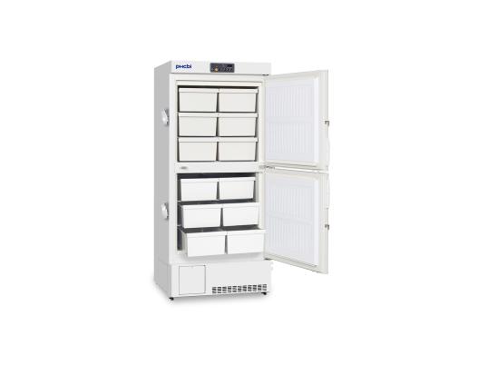 Dual chamber laboratory upright freezer - door open