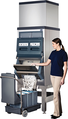 woman dispensing ice into a cart